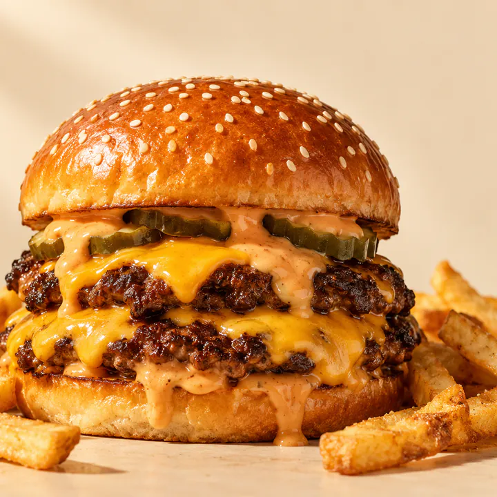 Hamburguesa doble con cheddar, pepinos y salsa rosada, con papas fritas (imagen ilustrativa).